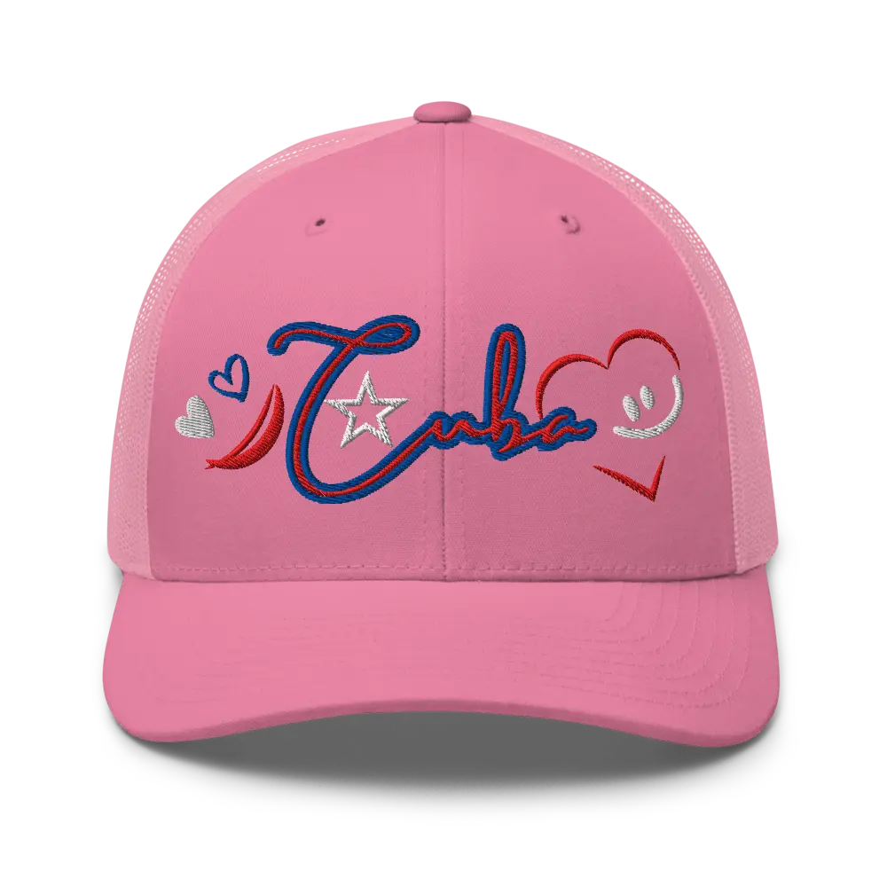 Cuba Trucker Cap - Pink Six-Panel Structured Hat with Permacurv Visor & Mesh Back - Adjustable Plastic Closure - 26% Cotton 74% Polyester