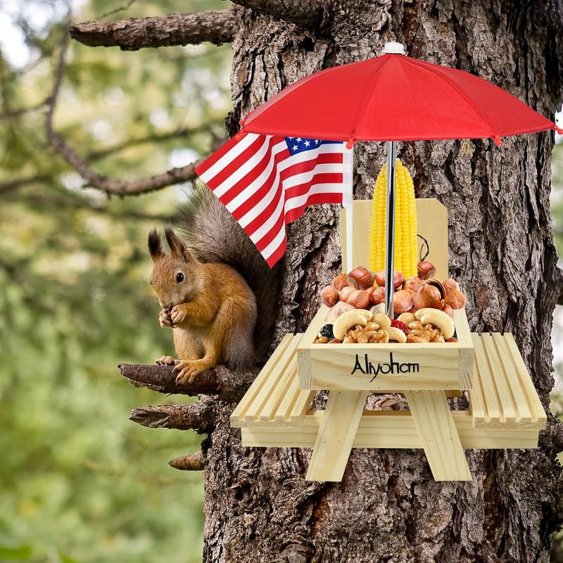 Upgraded Squirrel Feeder for Outside Picnic Table with Umbrella and Flag, Corn Cob Holder & Peanuts Seeds Loader, Gift for Squirrel and Chipmunk Lovers, Garden Ornaments, Squirrel House