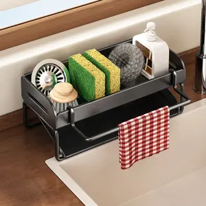 Gray Kitchen Sink Organizer Rack, Rust-Resistant Carbon Steel Sponge Holder with Soap Dispenser and Drain Tray, Countertop Cleaning Supplies Storage for Sponge Scrubber Brush and Dish Soap, Kitchen Caddy
