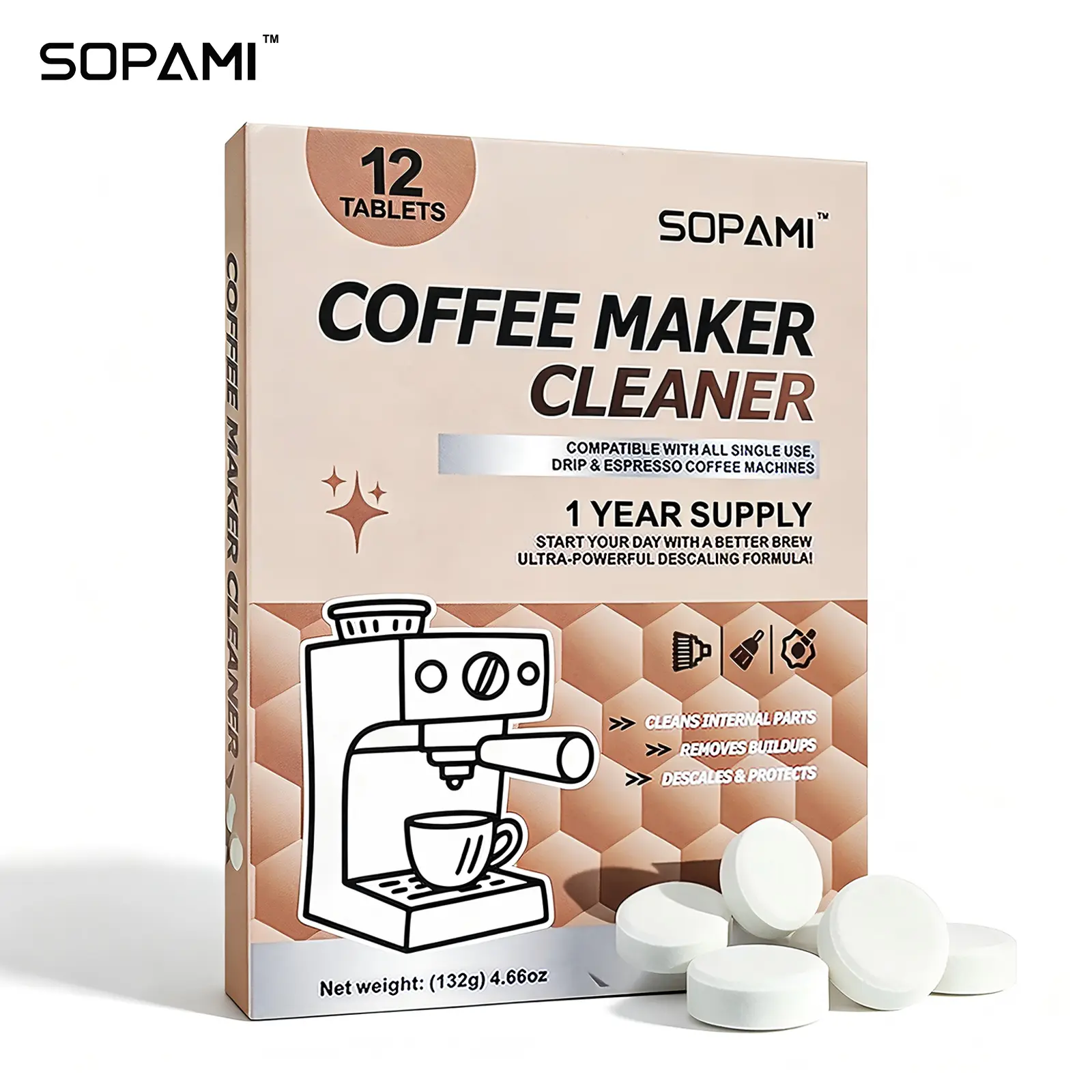 SOPAMI 12 Count Coffee Maker Cleaner Tablets, long-lasting supply for daily use,This cleaning product eliminates limescale and odors, fits fully automatic, semi-automatic, espresso and capsule coffee machines