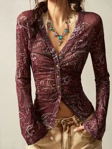 Women's Vintage Floral Print Fitted Blouse, Unique Patterned Top for Casual Wear, Stylish, Aesthetic & Comfortable Design, Perfect for Daily