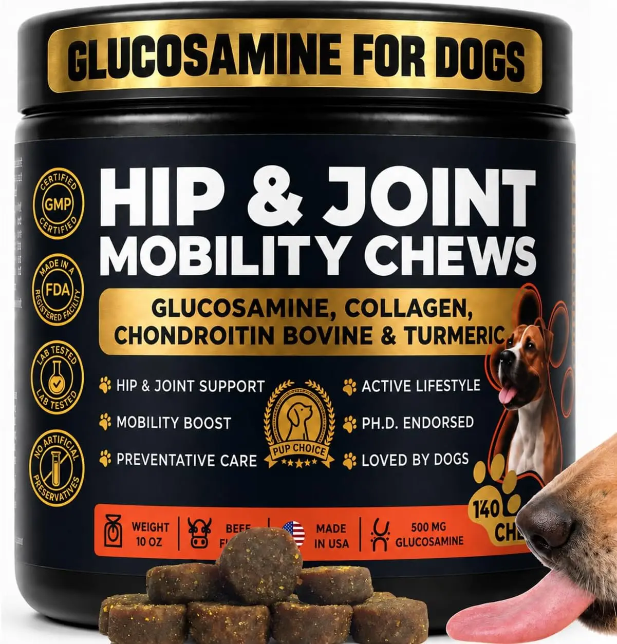 PUP CHOICE Dog Hip & Joint Care Chewables - 500mg Glucosamine Supplement with Chondroitin, Collagen, MSM, Turmeric - Supports Mobility, Flexibility for Large Breeds, Seniors