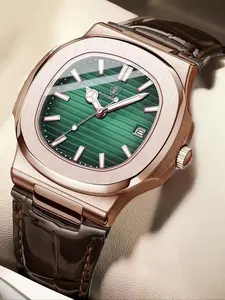 Luxury Men's Business Watch, Rose Gold Stainless Steel Case, Luminous Hands, Calendar Function, 30m Waterproof, Leather Strap, Square Watches, Fashionable Wristwatch