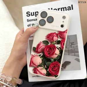 Simulated Red Rose Phone Case for iPhone 17 Pro Max 17Air 17 16 15 14 13 12 11, Ultra Skin-Friendly TPU, All-Inclusive Glass Lens Protection, Aesthetic Floral Liquid Texture Gift, Trendy Romance Cover, Shockproof Slim Case, Creative Lens Window