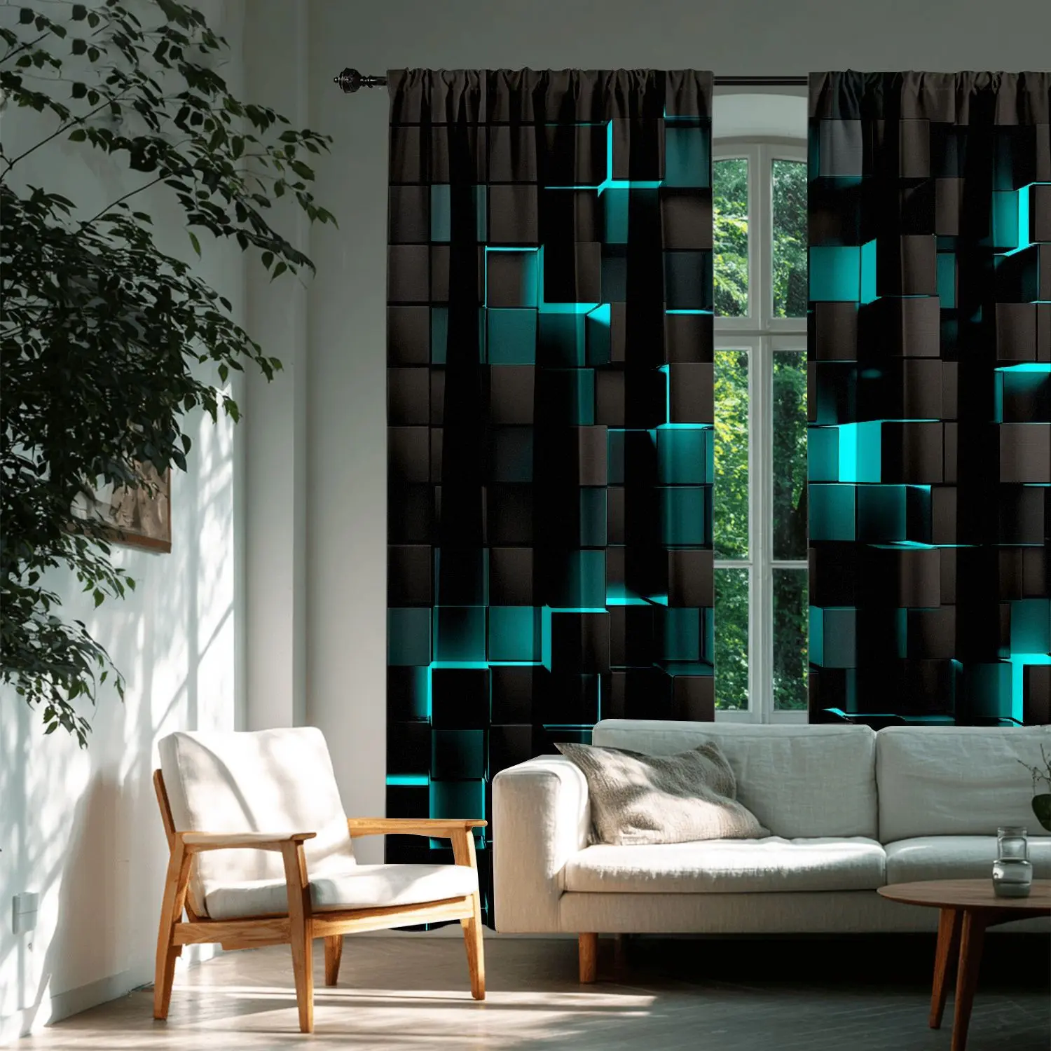 Modern 3D Geometric Curtain Set, Window Curtain, Tech Style, Bedroom Living Room Decor, Durable Polyester, Privacy & Light Control, Home Decoration Curtain