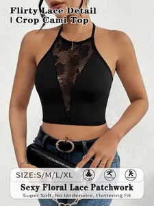 1piece Basic Flirty Lace Patchwork Halter Crop Top Sexy Floral Mesh V-Neck Cami Perfect for Date Night, Parties & Clubbing | Soft & Flattering Summer Streetwear