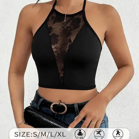 1piece Basic Flirty Lace Patchwork Halter Crop Top Sexy Floral Mesh V-Neck Cami Perfect for Date Night, Parties & Clubbing | Soft & Flattering Summer Streetwear Elegance Womenswear