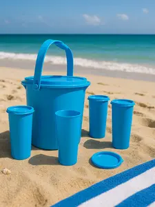 F7-Blue Bucket with Four Cups Set - Plain Design Featuring a Blue Bucket and Four Matching Cups