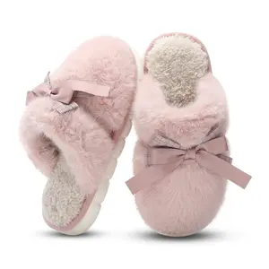 Cute Women's Memory Foam House Slippers - Fuzzy Plush Faux Fur Slippers with Bow Butterfly Tie - Anti-Skid Indoor/Outdoor Gifts for Women, Moms & Ladies