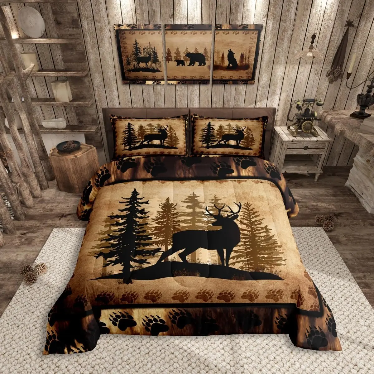 Feelyou Queen Size Animal Kingdom Comforter Set - Cute Deer, Rustic Bear Paw All Over Print, Breathable Decorative Bedding, Bedroom Home Decor Accessory, Gift Item, Breathable Bedding Set, Decorative Bedding Set, Comforter Queen Size