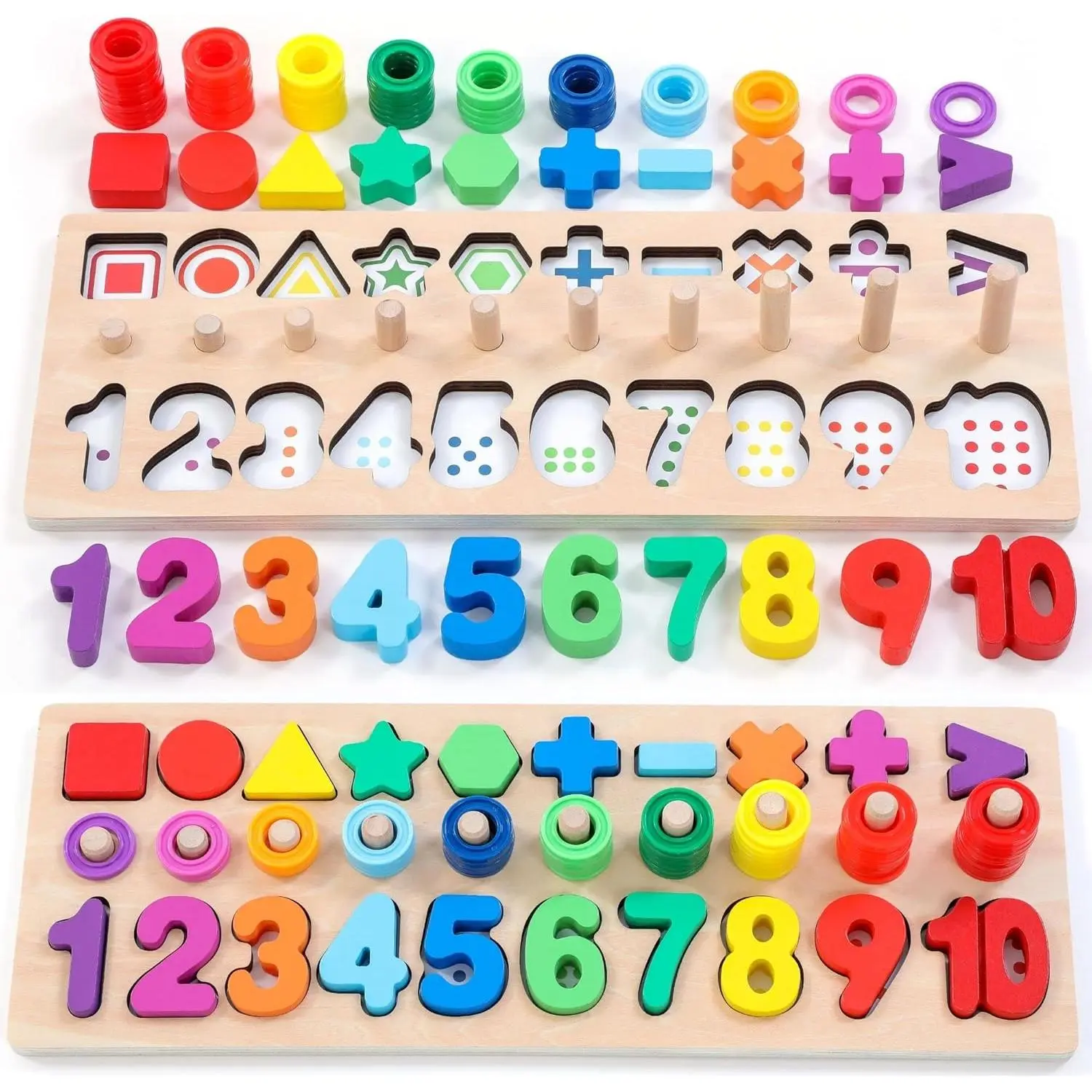 X-ITC24 Wooden Montessori Learning Toy - Number Puzzle Sorter, Shape Stacker, Math Blocks, Math Learning Tools, Learning Materials for 1-Year-Old Toddlers (Rainbow)
