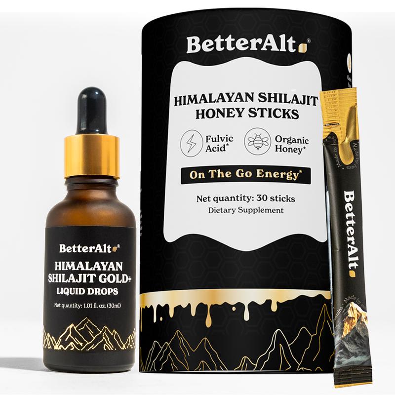 BetterAlt GOLD+ Shilajit Honey Sticks + GOLD+ Shilajit Liquid Drops | Helps Increase Energy, Stamina, Focus | 1-Month Pack