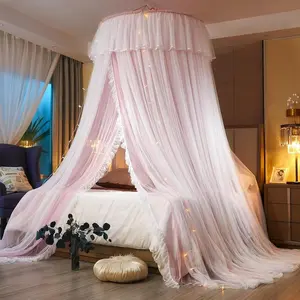Princess Bed Canopy for Girls & Adults, Elegant Double-Layer Bed Curtain, Children's Dream Round Lace Mosquito Net - Fits Twin, Full, Queen, and King Beds(Pink/White)