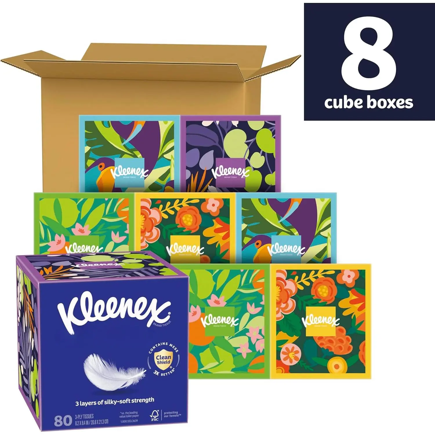Kleenex Ultra Soft 3-Ply Hypoallergenic Facial Tissues with Clean Shield Technology, 8 Cube Boxes (80 Tissues/Box, 3 Layers of Strength) for Back to School, Nasal & Allergy Relief, Silky-Soft Handheld Home Care Napkins, Eye Care