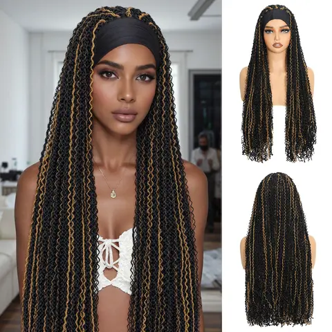 Ourwigs Women's Synthetic Full Machine Wig - 28in Headband-Attached Heat Resistant Wigs, Afro Curly Braided Reggae Box Braid Twist, Unisex Durability Option, Ideal for Costume Party Gifts (Black, Highlight) FallFreshness