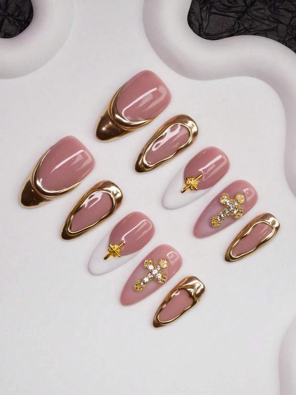 Spring/Summer Handmade Almond-Shaped Nail Tips With Y2K Chic Style, In Nude, White, Gold Colors Featuring Cross, Star, Asymmetrical Metallic Design, Suitable For Women & Girls To Wear At Parties, Weddings, Daily Life. 10Pcs/Set With 3 Sizes, Includes Nai