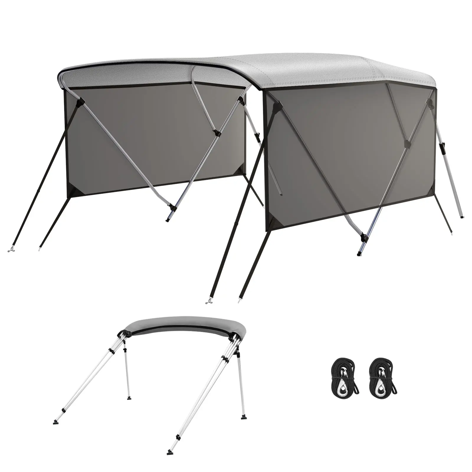 Garvee 3-Bow Boat Bimini Top 54"-60" Width, Heavy Duty Marine Canopy with Aluminum Frame & Mesh Panels, UV Waterproof Cover for Pontoon Bass Jon Boats
