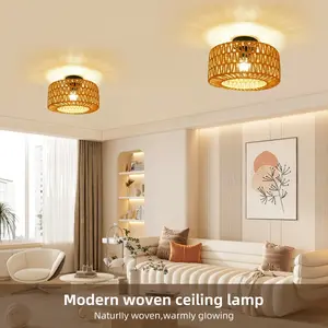 Boho Round Rattan Weave Ceiling Light - 1-Pc Mini Flush Mount Chandelier with Dimmable LED Bulb, Brightness Control, Hand-Woven Texture Fixture for Boho Kitchen Decor, Indoor Bedroom Use