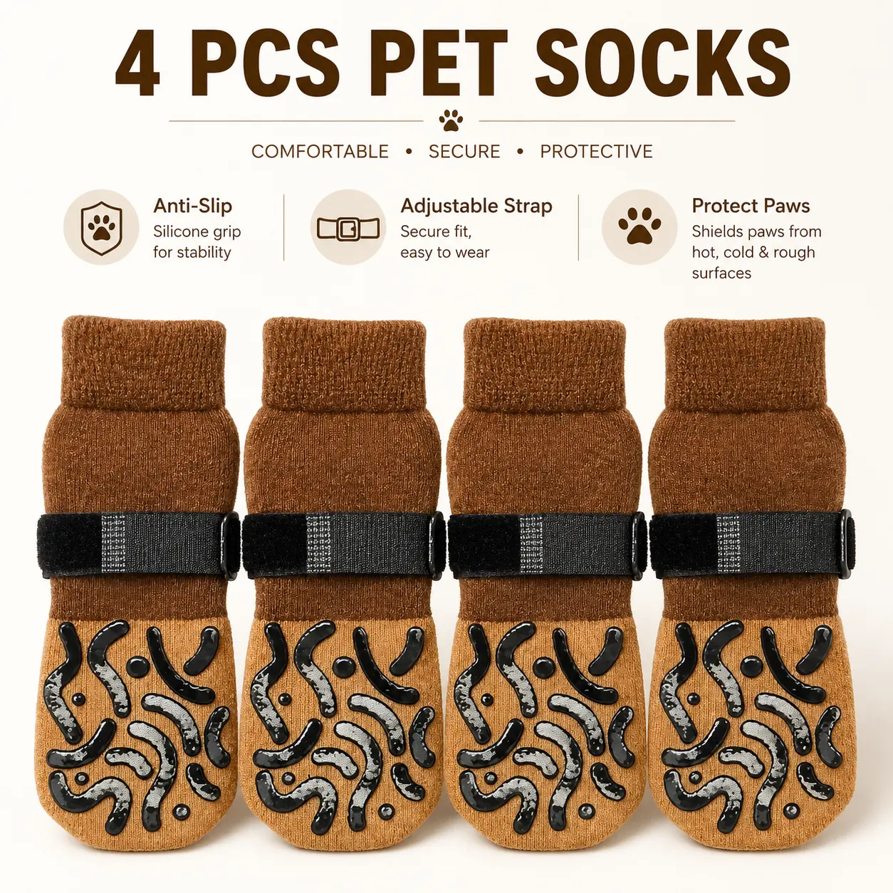 Set of 4 pet socks: non-slip, washable, dirt-resistant, foot care