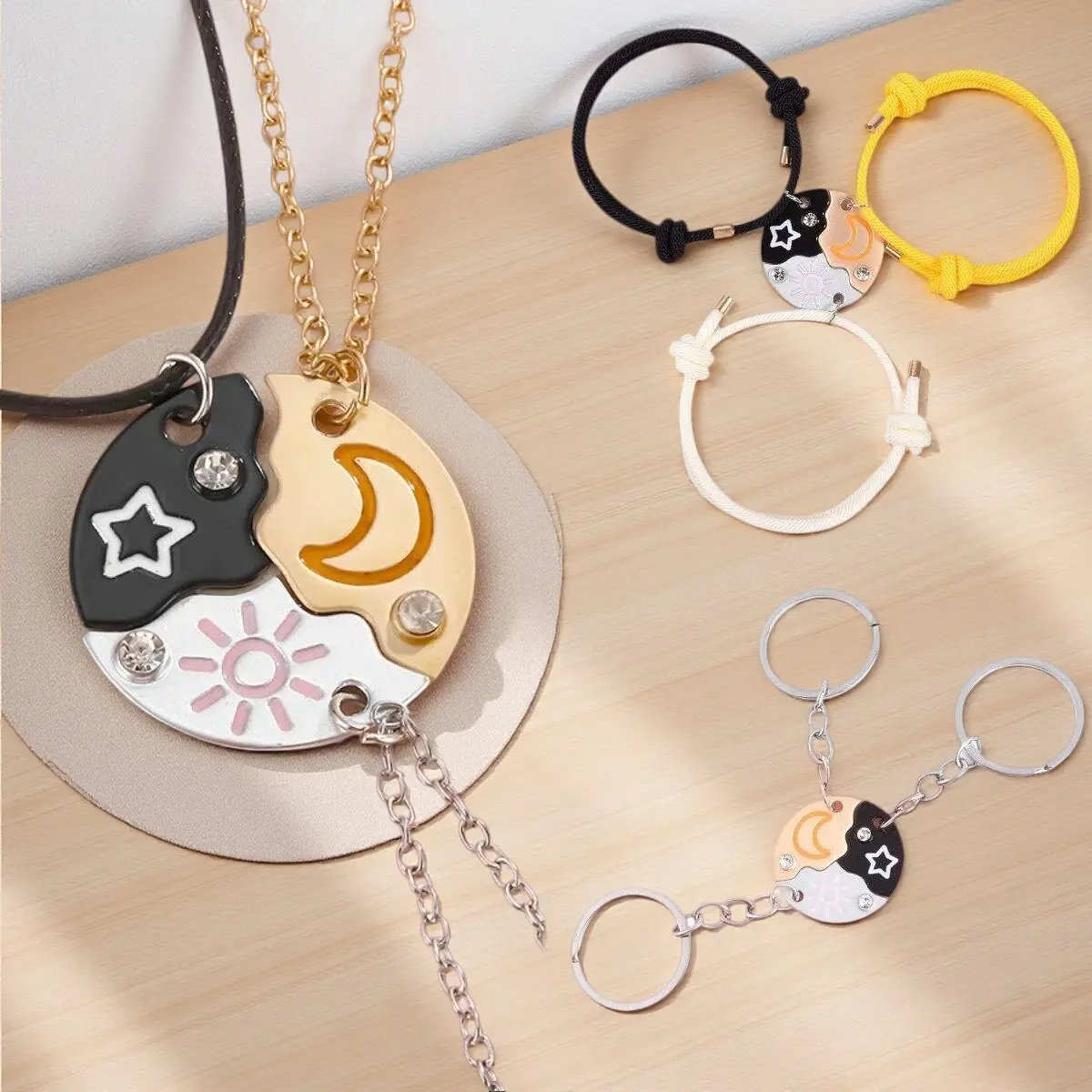 Friendship Necklace Set for 3, Celestial Star Moon Sun Magnetic Puzzle Pendants with Rhinestones, Alloy Jewelry for Best Friends Birthday Gifts, Bracelet Necklace Set, Pendant Jewelry Set