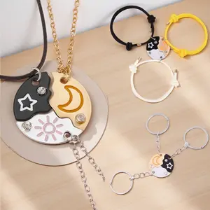 Summervibes 3Count Round Rhinestone Star Moon Sun Friendship Bracelet/Necklace/Keychain BFF Best Friends Forever Fantasy Cute Pendantfor Unbreakable Friendship for Graduation Birthday Forever y Gifts