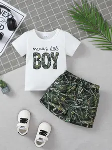 Simple Style Short Sleeve Boy Print T-Shirt, Military Pattern Elastic Waist Shorts Set, Casual for Boys