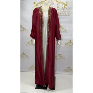 Satin Cardigan Open Abaya 2 Pc Gold Rhinestones