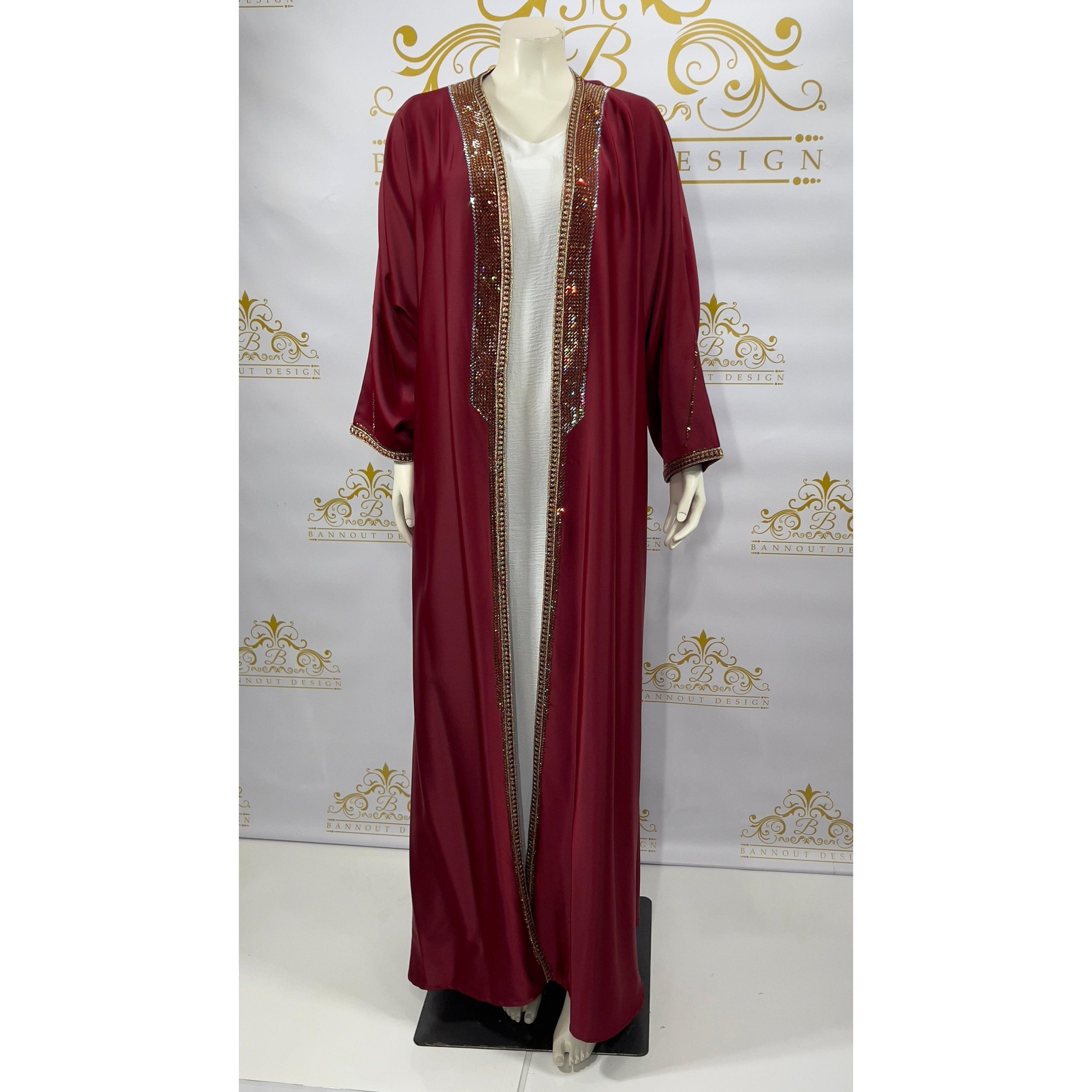 Satin Cardigan Open Abaya 2 Pc Gold Rhinestones