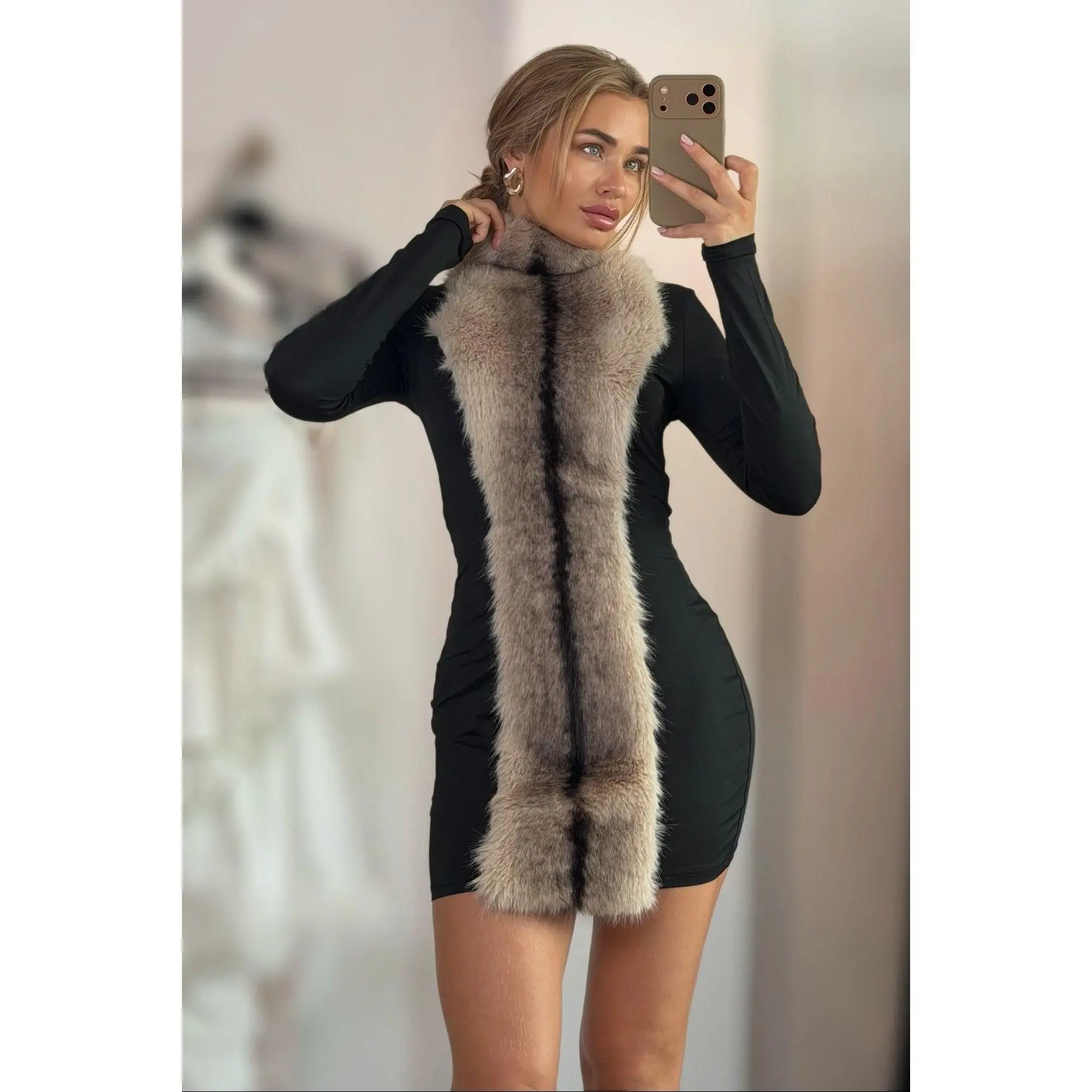 Jessica Bara Cavira Faux Fur Long Sleeve Mini Dress