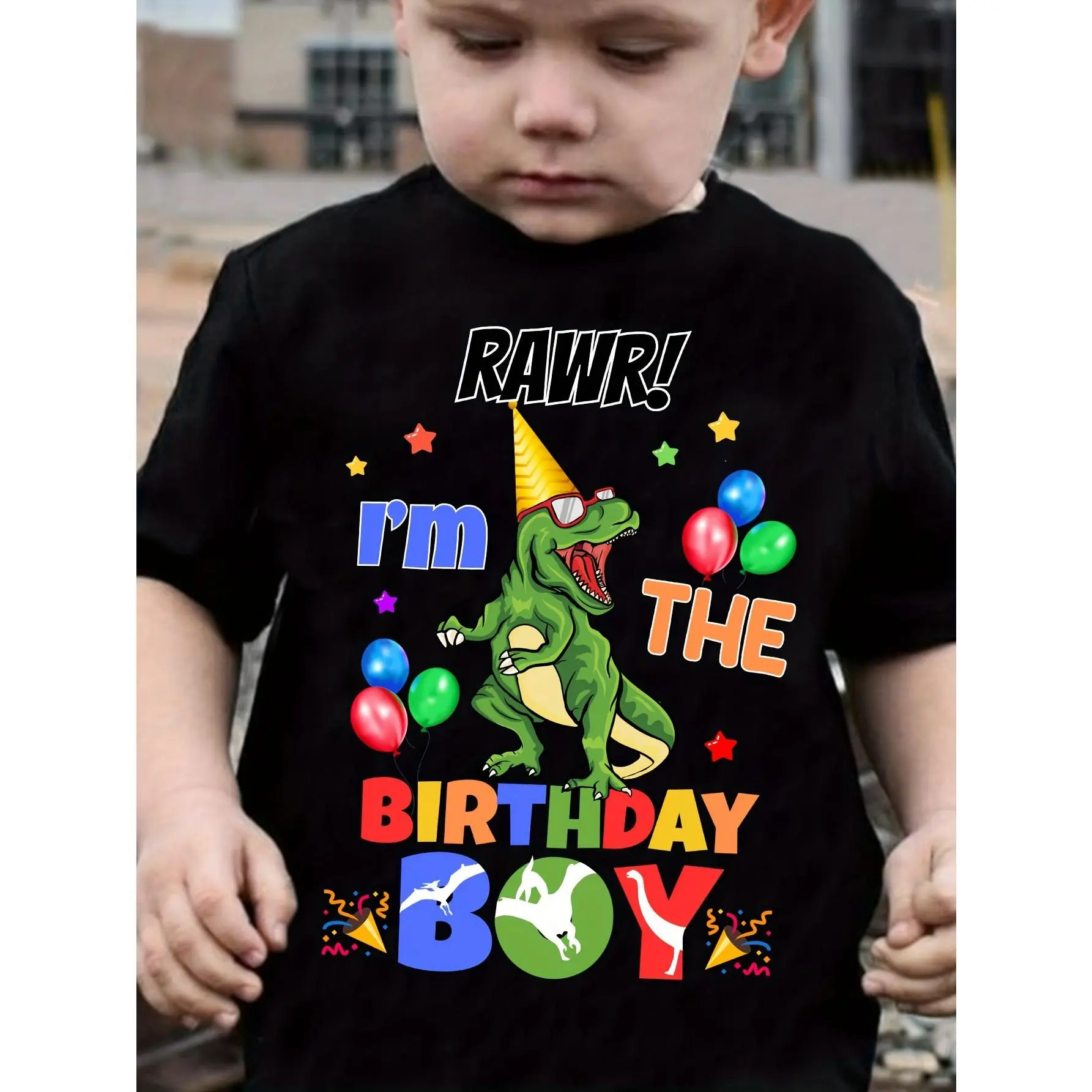 Boys' Casual Cotton Crew Neck Short Sleeve T-Shirt - Fitted Cut, Slight Stretch, Birthday Boy & Cartoon Dinosaur Graphic Print, Spring & Summer Daily Wear