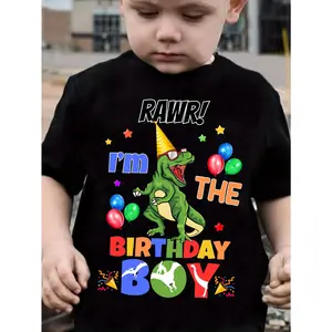 I am the birthday boy & cartoon dinosaur graphic print t-shirt, boys casual fashion round neck short sleeve t-shirt, suitable for spring and summer, boys daily life clothing