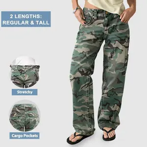 Flamingals Stretchy Camo Print Mid Rise Straight Leg Pants