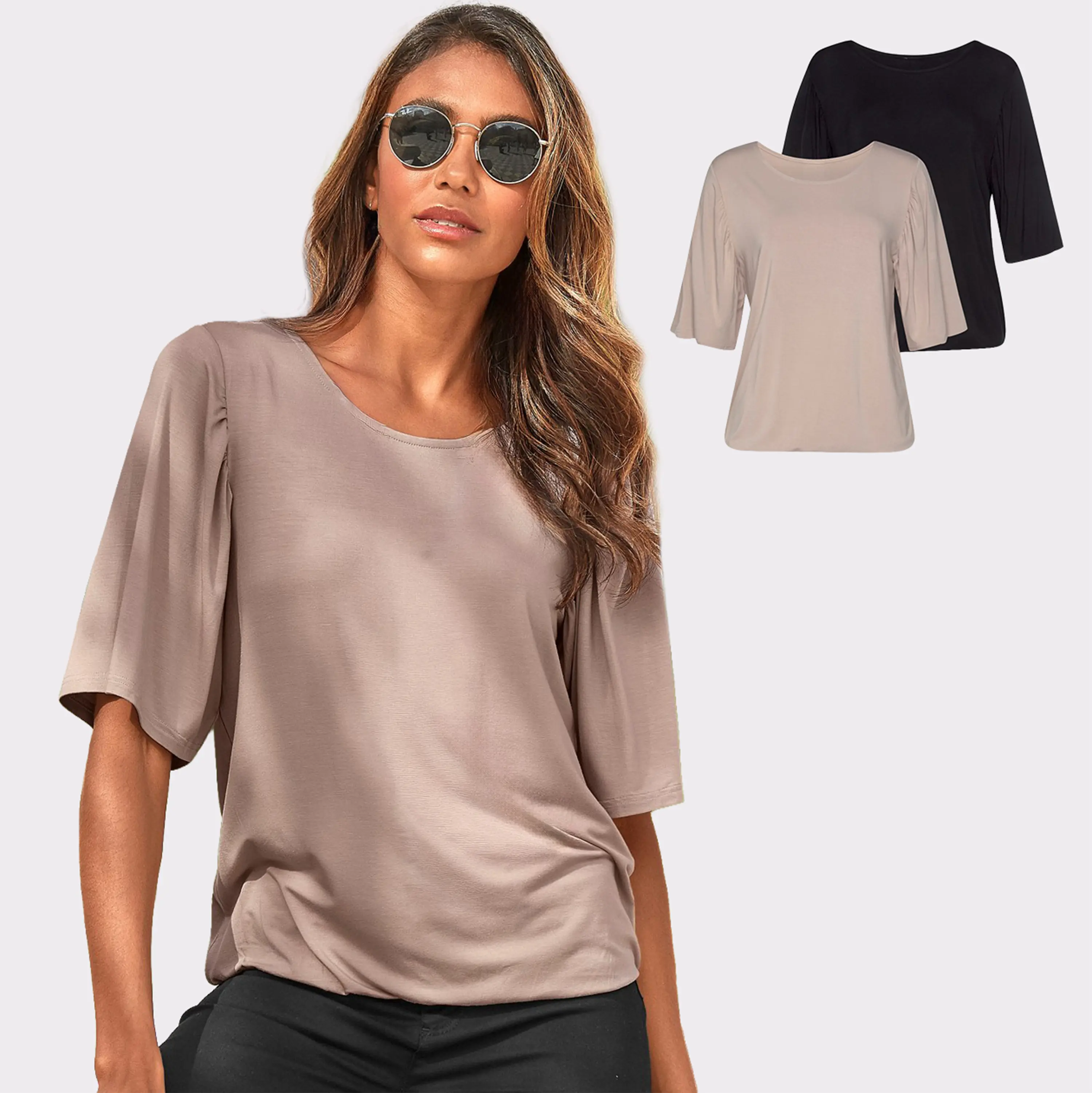 LASCANA Women's 2 Pk Wide Sleeve Tops