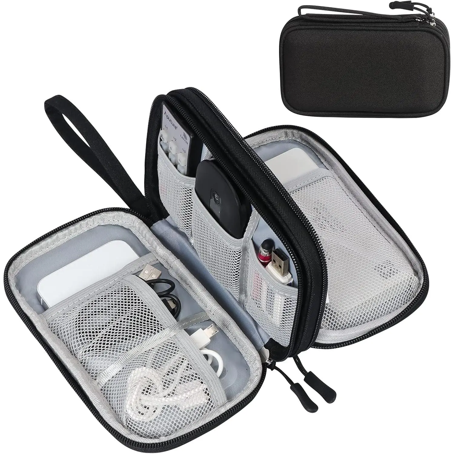 Travel Cable Storage Pouch, Portable Waterproof Double Layer Electronic Accessories Organizer Bag, Multi-purpose Carry Pouch for Cords, Chargers, Mobile Phones & Earphones, Black