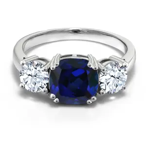 4.00 Cttw Blue Simulated Sapphire Engagement Ring For Women | 925 Sterling Silver | Gemstone Birthstone | Cushion 8MM and Round 5MM | Three Stone Wedding Anniversary Promise Ring