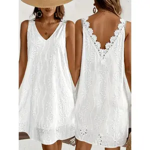 TFNOSIZ Women's Basic Sleeveless White A-Line Dress - V-Neck, Polyester Fabric, Lace Detail, Open Back, Color-Block, Bohemian Vibe, Minimalist Elegant Casual Wear for Summer Beach Vacation#TikTokShopStockUp summerwins,summerwins