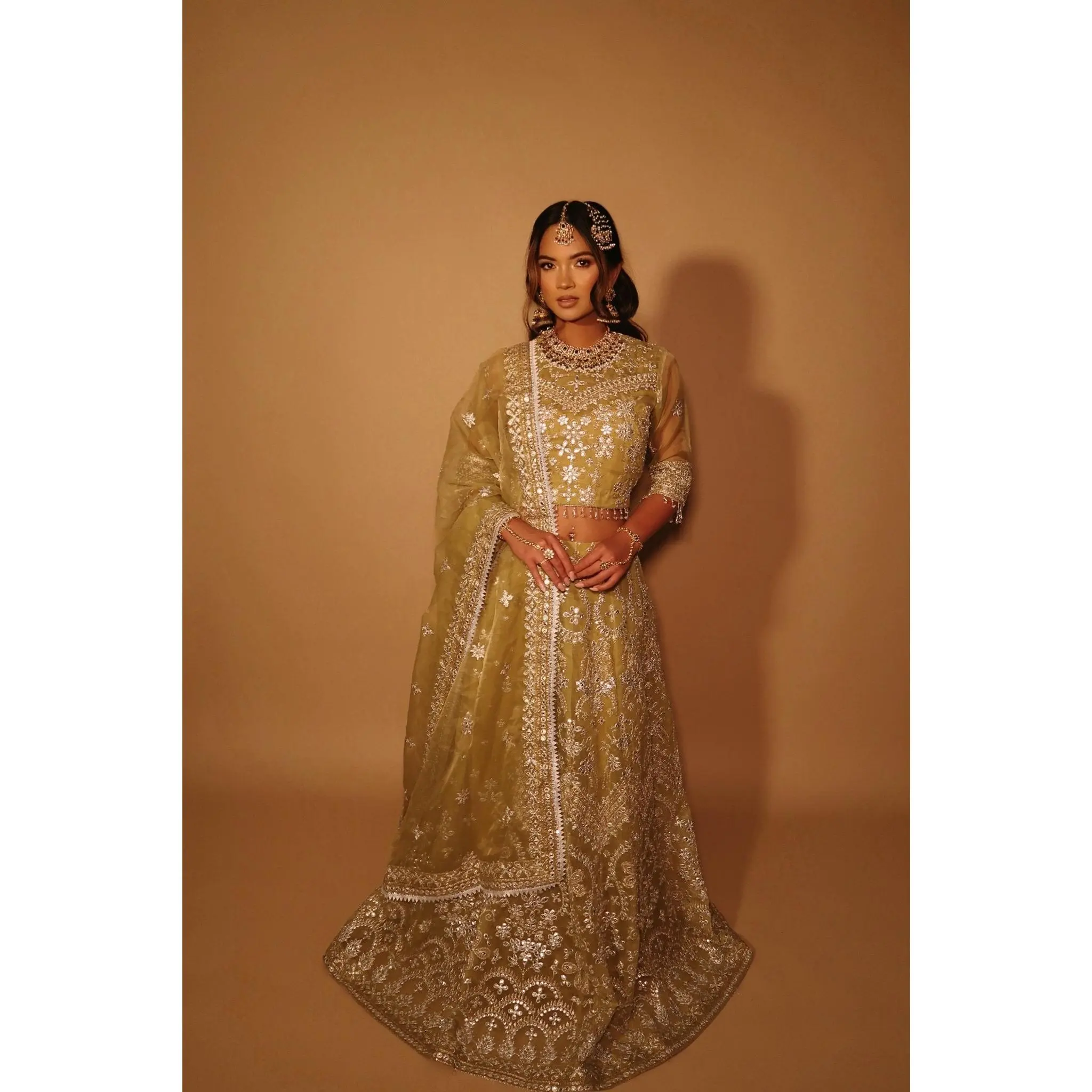 Olive Lehnga Choli | Silver Embroidered Organza 3-Piece Formal Set | NajmaDesigns & Co.