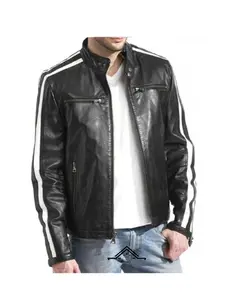 Mens White Striped Leather Biker Motorcycle Jacket