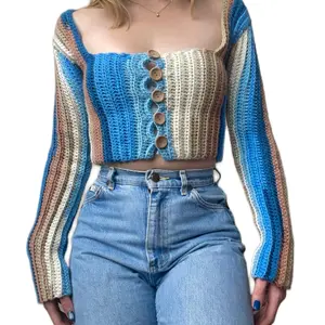 Crochet original handmade fitted cardigan blue tan brown beach ombre ribbed top XS/S