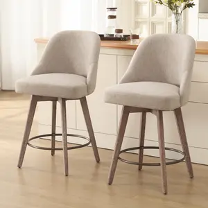 BEKRVIO Modern 26" Seat Height Bar Stool with Backs, Polyester Blend Linen Fabric, Beech Wood Legs, Copper-Colored Footrest, and Ergonomic Wide Seat