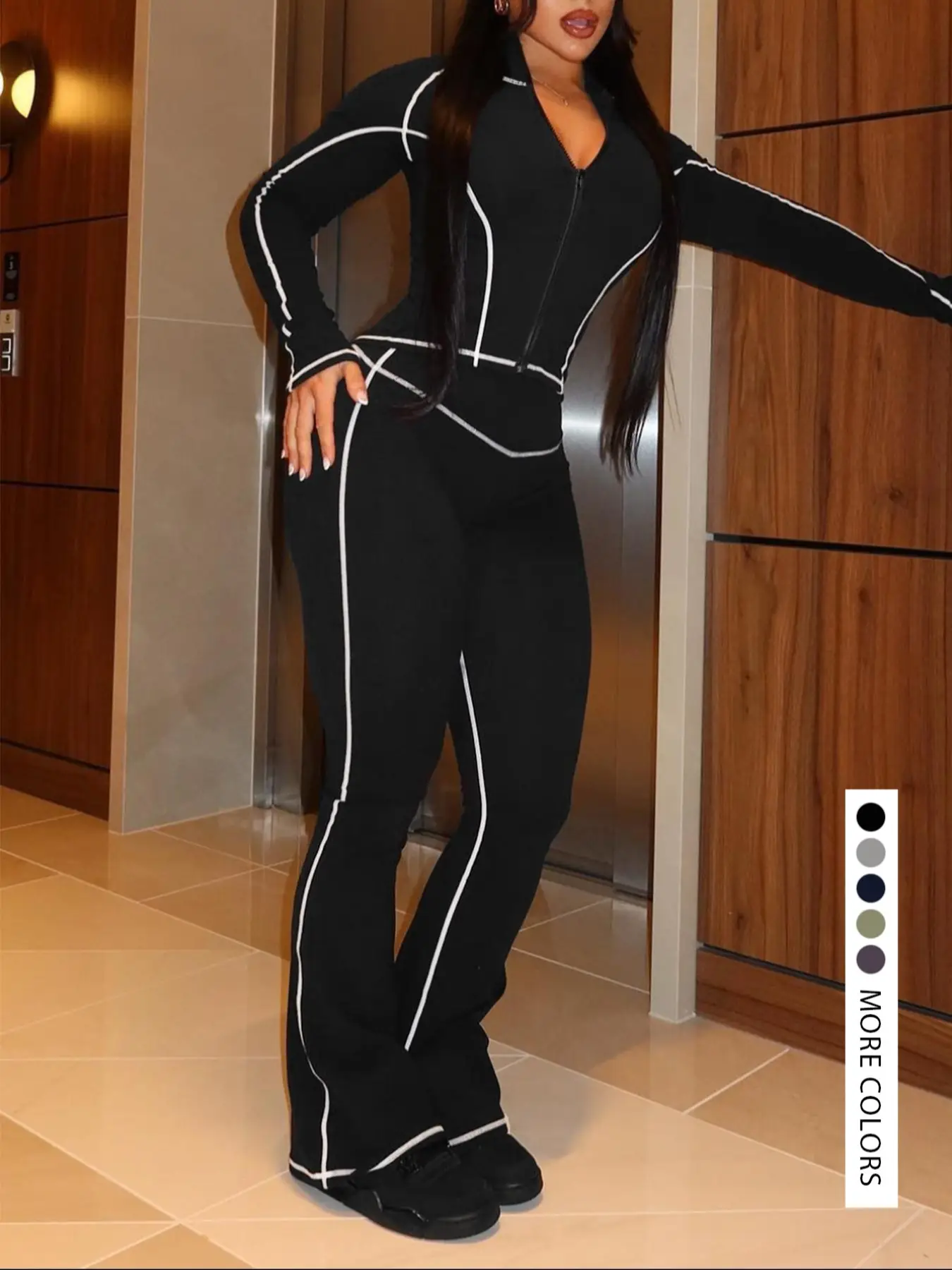 Two-piece Set Women's Striped Zip Up Jacket & Pants, Street Fashion Long Sleeve Outerwear & High Waist Trousers for Daily Wear, Ladies Fall & Winter C