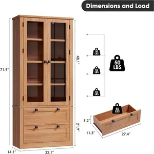 Modern 72" Tall Kitchen Pantry Cabinet with Glass Doors, 2 Large Drawers, Adjustable Shelves, Multipurpose Sideboard Storage for Dining Room