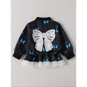 Girls' blue butterfly print coat, featuring lace bows and a mesh skirt, stylish and cute design, multi-functional windproof coat