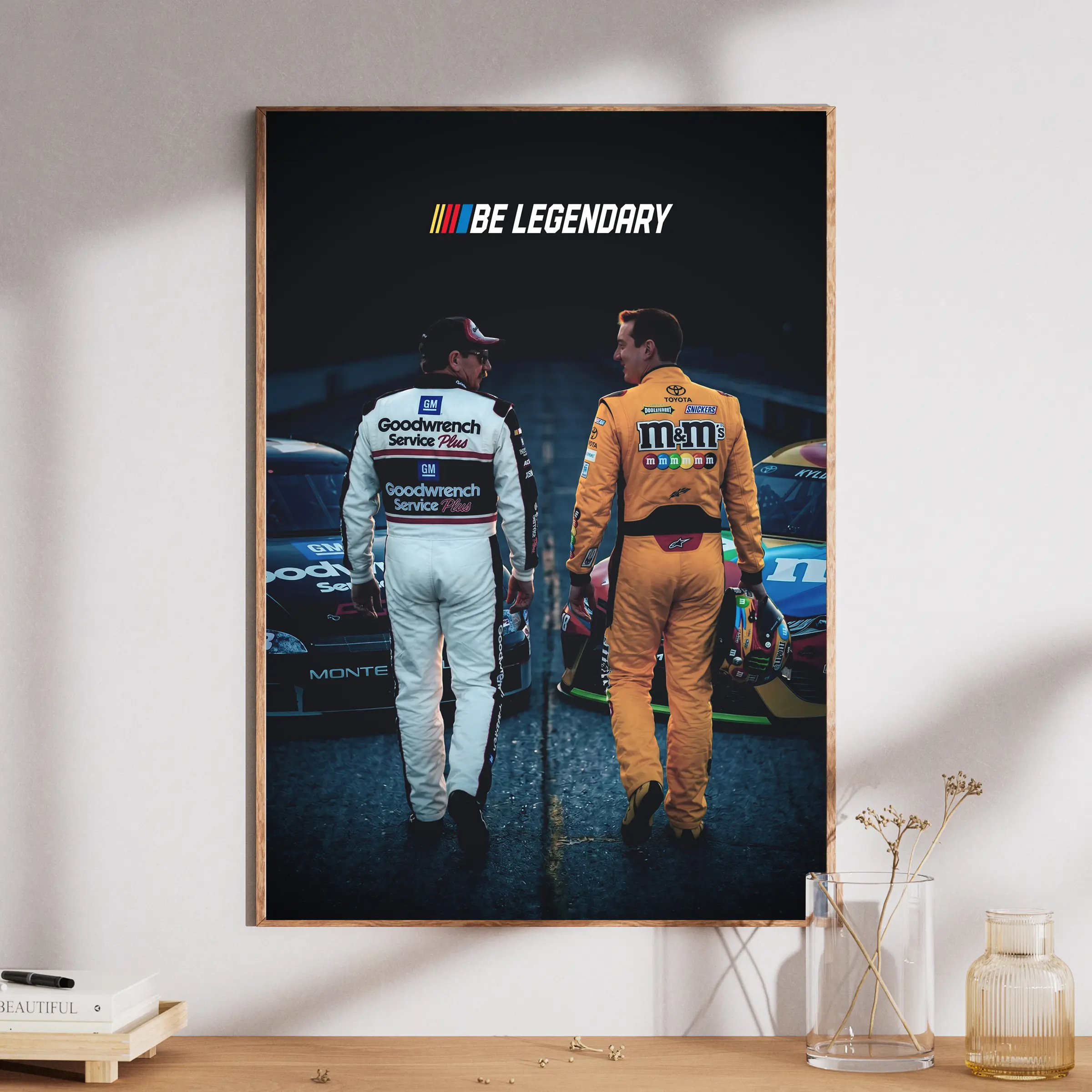 Dale Earnhardt & Kyle Busch Vintage NASCAR Legend Tribute Graphic Poster Print - Rolled, Mount-Compatible, UV-Resistant, Fade-Proof Ink, USA-Made Customizable Long-Lasting Wall Decor for Racing Fans (Vintage Room Decor, Man Cave Display)