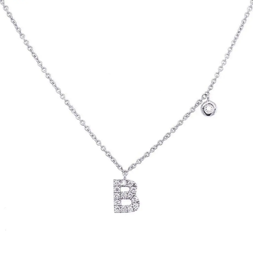 Initial Necklace Letter B with Diamond – 14k White Gold