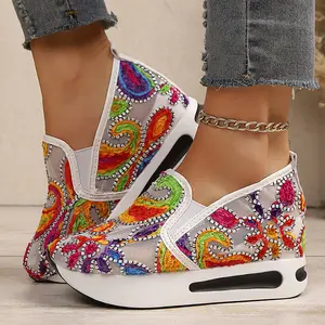 Colorful floral wedge-heel sneakers for women, embroidered print design, comfortable casual athletic shoes suitable for all seasons