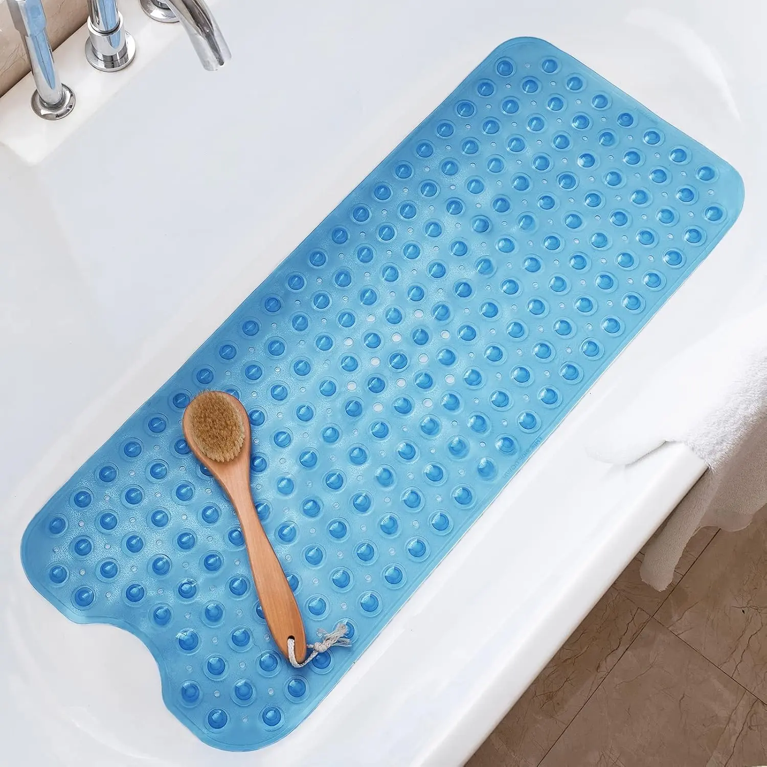 Extra Long Non Slip Bathtub Mat 40x16 Inch, Soft PVC Shower Mat with 200 Suction Cups and 176 Drain Holes, Machine Washable Quick Dry Tub Liner, Pebble Texture Bathroom Bath Mat for Home Use