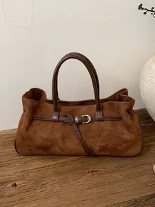 Fashionable color blocked retro belt buckle handbag, niche design lightweight and versatile shoulder bag, casual imitation suede simple daily crossbody bag, suitable for commuting and shopping outside, Elegant commuter bag