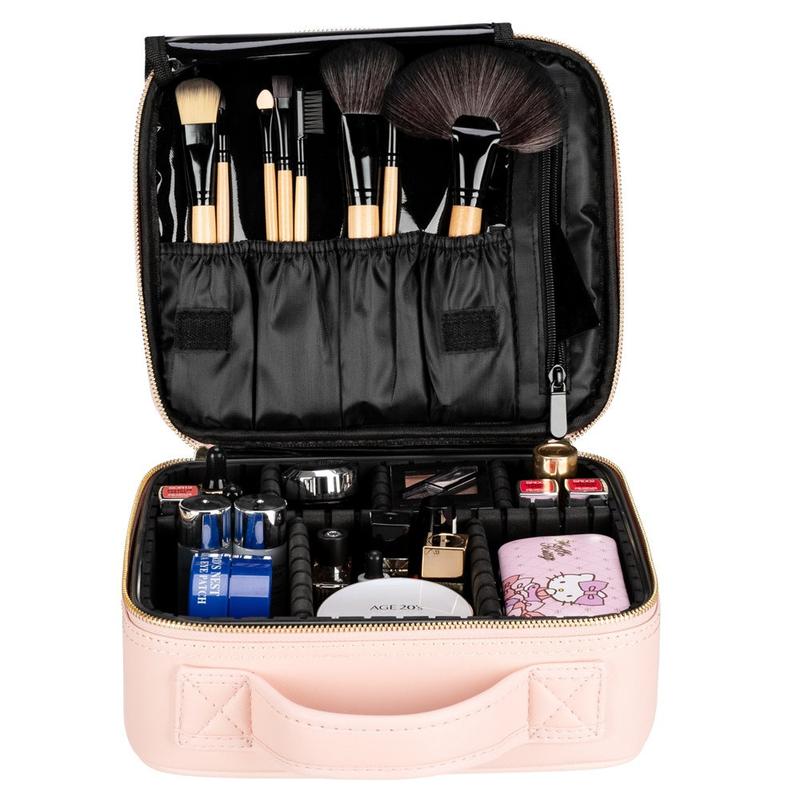 DameDiva Travel Makeup Bag - Premium Oxford Fabric Cosmetic Organizer with Dual Gold Zippers, Adjustable EVA Dividers, Black & Pink, Waterproof & Lightweight