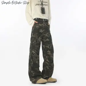 Men's American Retro Multi-Pocket Camo Utility Denim Pants - Loose Wide-Leg Trendy Style